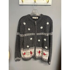 Croft & Barrow Women M Cardigan Zip Sweater Winter Cardinal Bird Gray Holiday